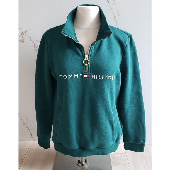Tommy Hilfiger Sweatshirt Mens S Green Mock Neck Fleece Logo Gold Zipper Preppy - Picture 1 of 12